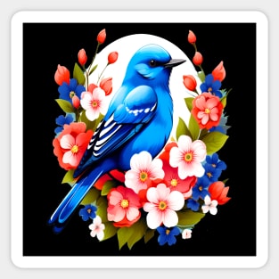 Cute Blue Bird Surrounded by Bold Vibrant Spring Flowers Sticker